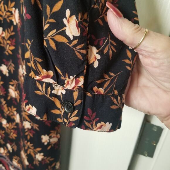 Beach Lunch Lounge Dress Black Floral Knee Length Boho Peasant Prairie Sz L - Picture 6 of 12
